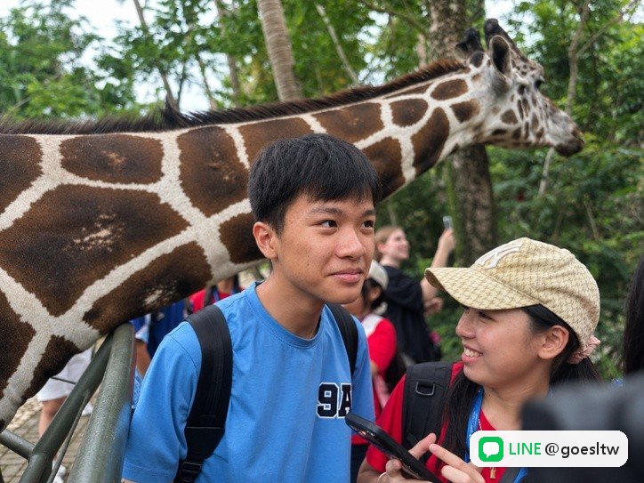 GENIUS 週末旅遊,學生在野生動物園和長頸鹿合照